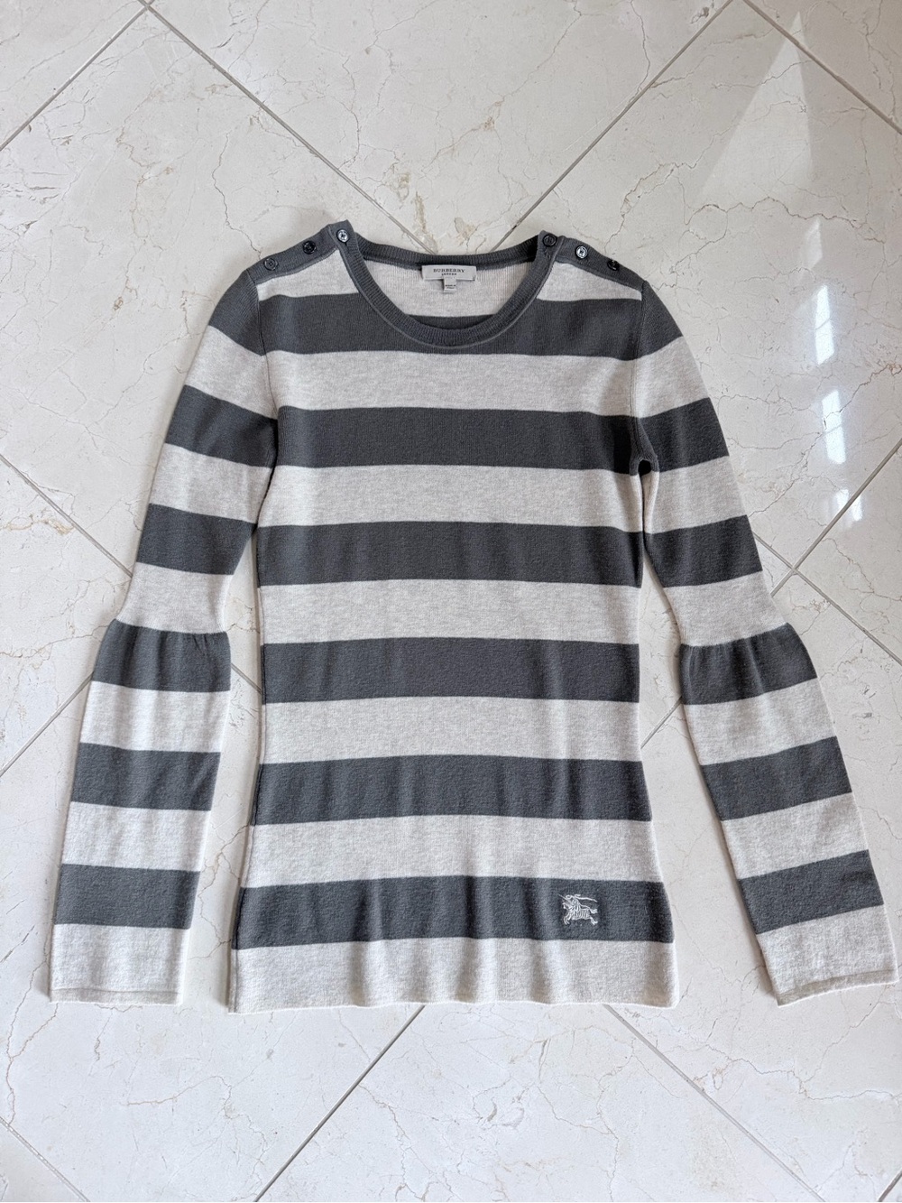 Burberry Gray and Cream Striped Merino Wool Bell-Sleeve Knit Sweater